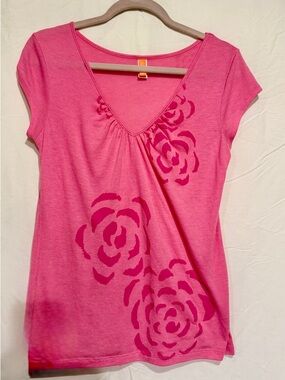 Retro 2000s Lucy Ultra-lightweight Pink Floral V-Neck Fitness Tee L